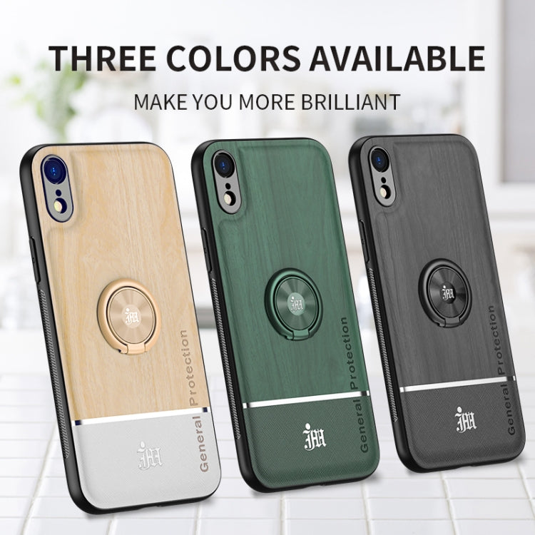 For iPhone XR Wood Grain PC + TPU Shockproof Protective Case with Ring Holder