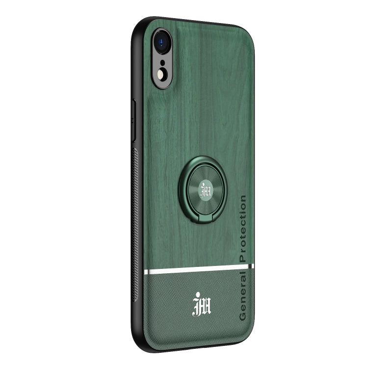 For iPhone XR Wood Grain PC + TPU Shockproof Protective Case with Ring Holder
