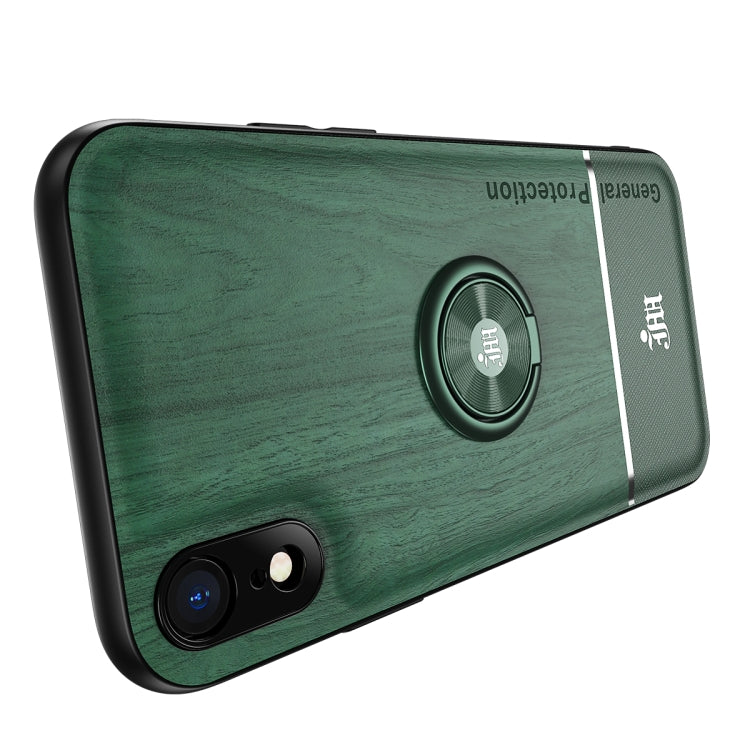 For iPhone XR Wood Grain PC + TPU Shockproof Protective Case with Ring Holder