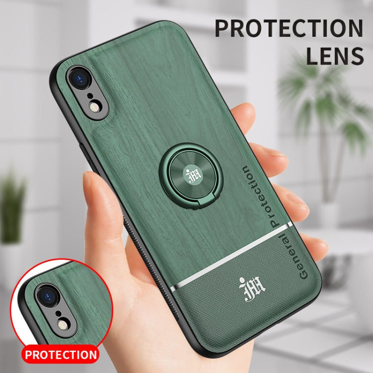 For iPhone XR Wood Grain PC + TPU Shockproof Protective Case with Ring Holder