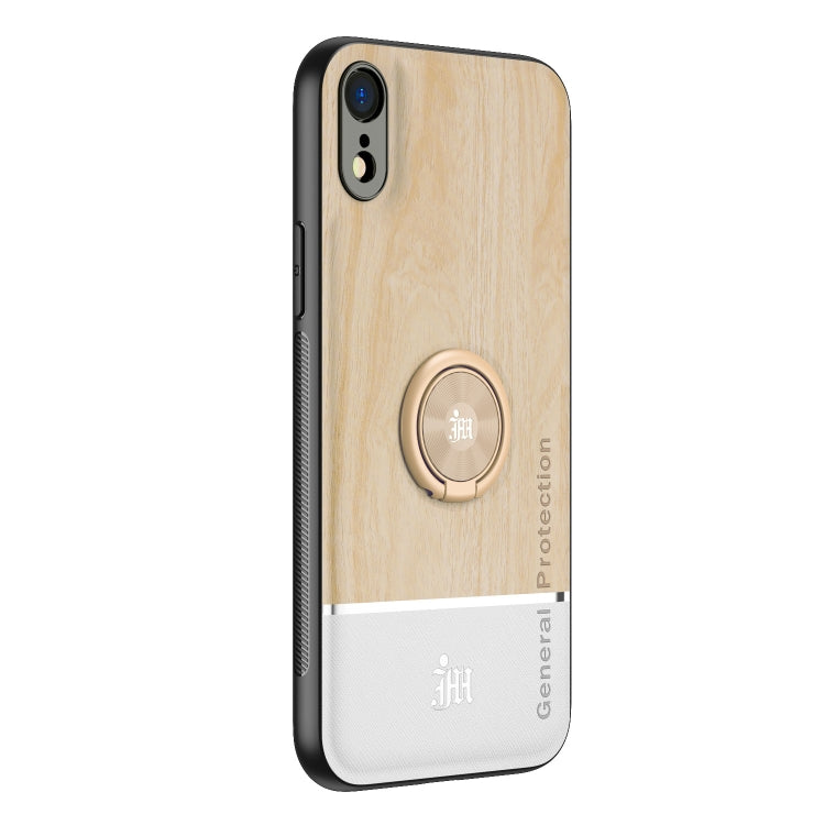 For iPhone XR Wood Grain PC + TPU Shockproof Protective Case with Ring Holder