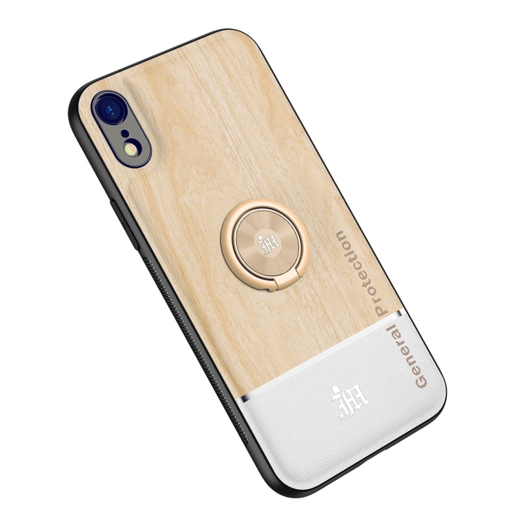 For iPhone XR Wood Grain PC + TPU Shockproof Protective Case with Ring Holder