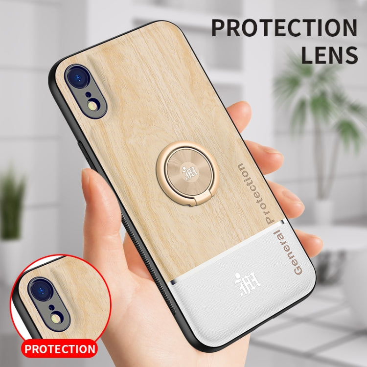 For iPhone XR Wood Grain PC + TPU Shockproof Protective Case with Ring Holder