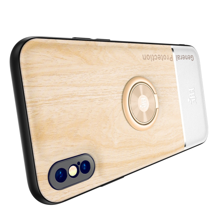 For iPhone XS Max Wood Grain PC + TPU Shockproof Protective Case with Ring Holder