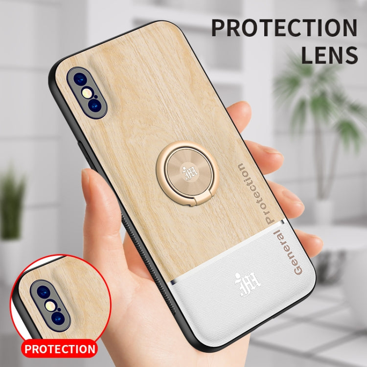 For iPhone XS Max Wood Grain PC + TPU Shockproof Protective Case with Ring Holder