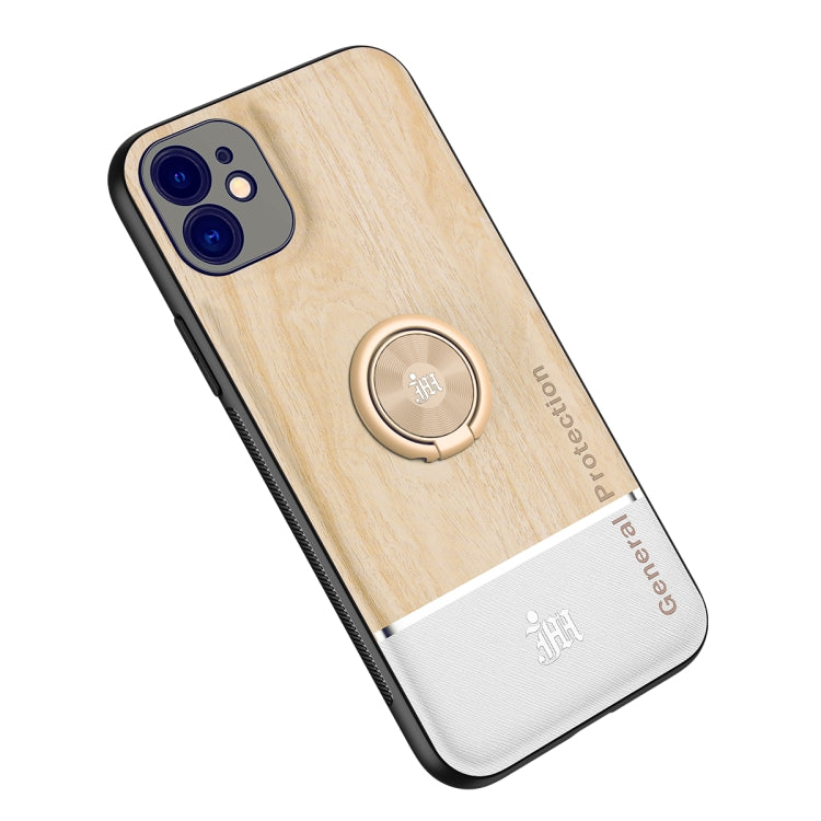 For iPhone 12 Wood Grain PC + TPU Shockproof Protective Case with Ring Holder