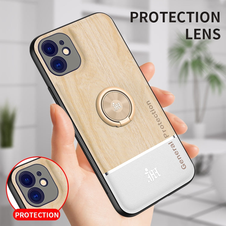 For iPhone 12 Wood Grain PC + TPU Shockproof Protective Case with Ring Holder