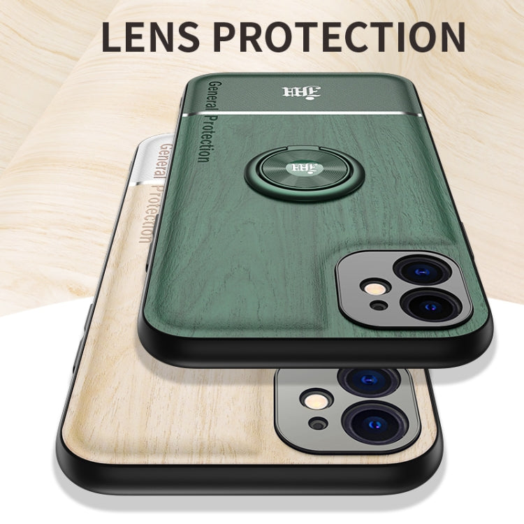 For iPhone 12 Wood Grain PC + TPU Shockproof Protective Case with Ring Holder