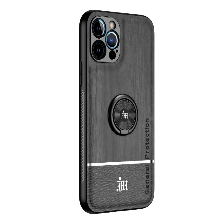 For iPhone 12 Pro Max Wood Grain PC + TPU Shockproof Protective Case with Ring Holder