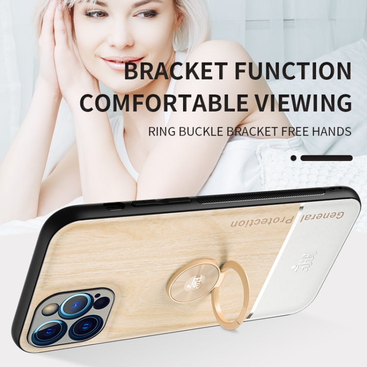 For iPhone 12 Pro Max Wood Grain PC + TPU Shockproof Protective Case with Ring Holder