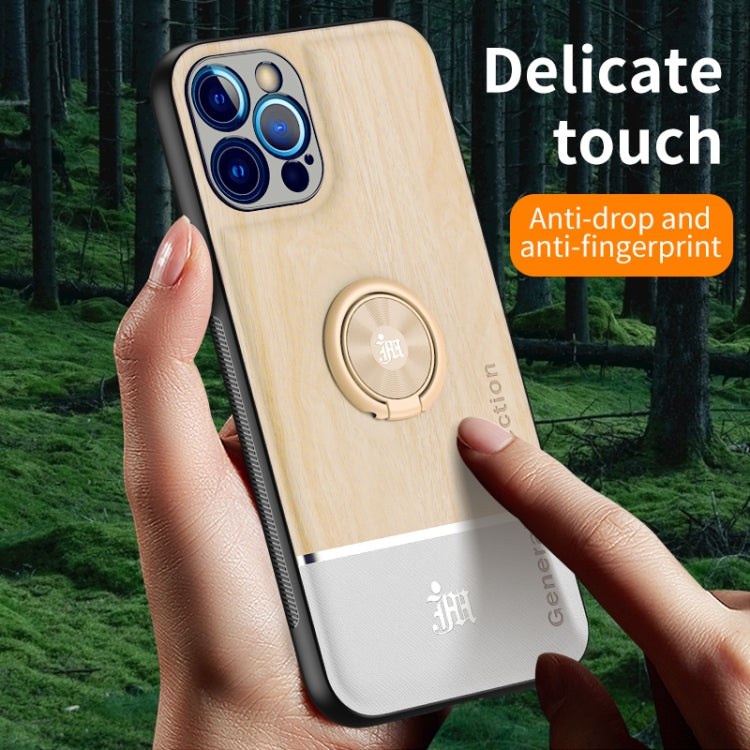 For iPhone 12 Pro Max Wood Grain PC + TPU Shockproof Protective Case with Ring Holder