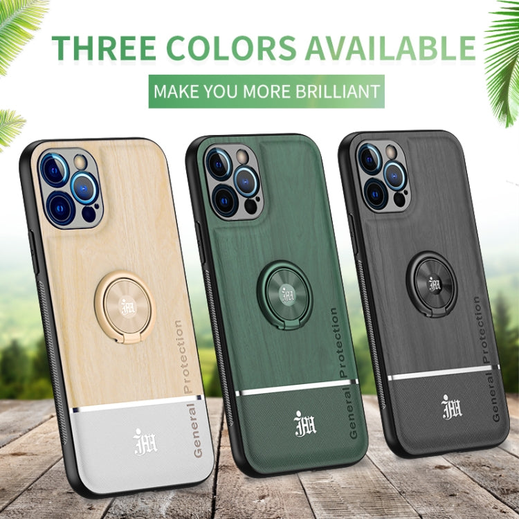 For iPhone 12 Pro Max Wood Grain PC + TPU Shockproof Protective Case with Ring Holder