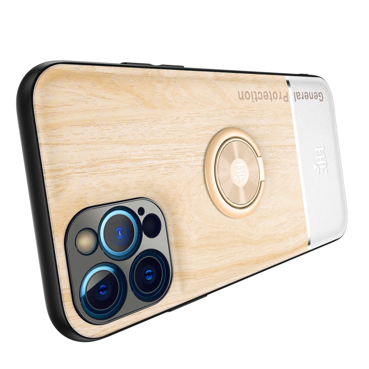 For iPhone 12 Pro Max Wood Grain PC + TPU Shockproof Protective Case with Ring Holder