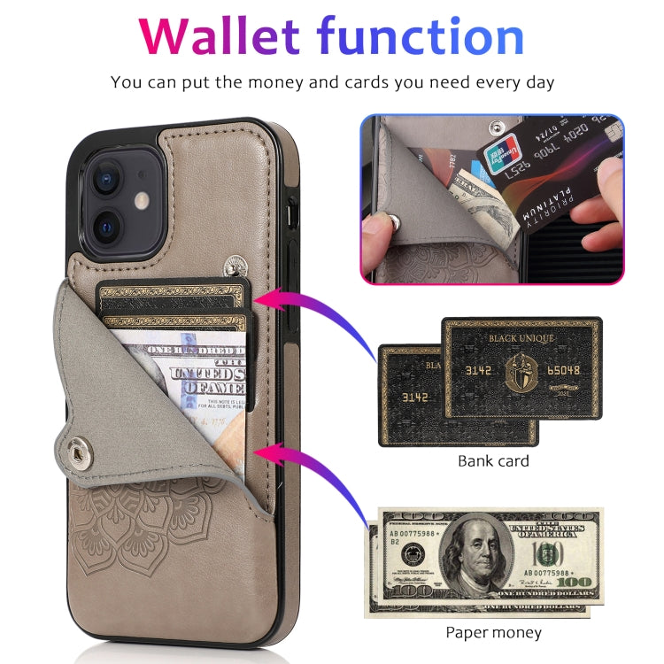 For iPhone 12 mini Embossed Pattern PU + TPU Protective Case with Holder & Wallet & Card Slots