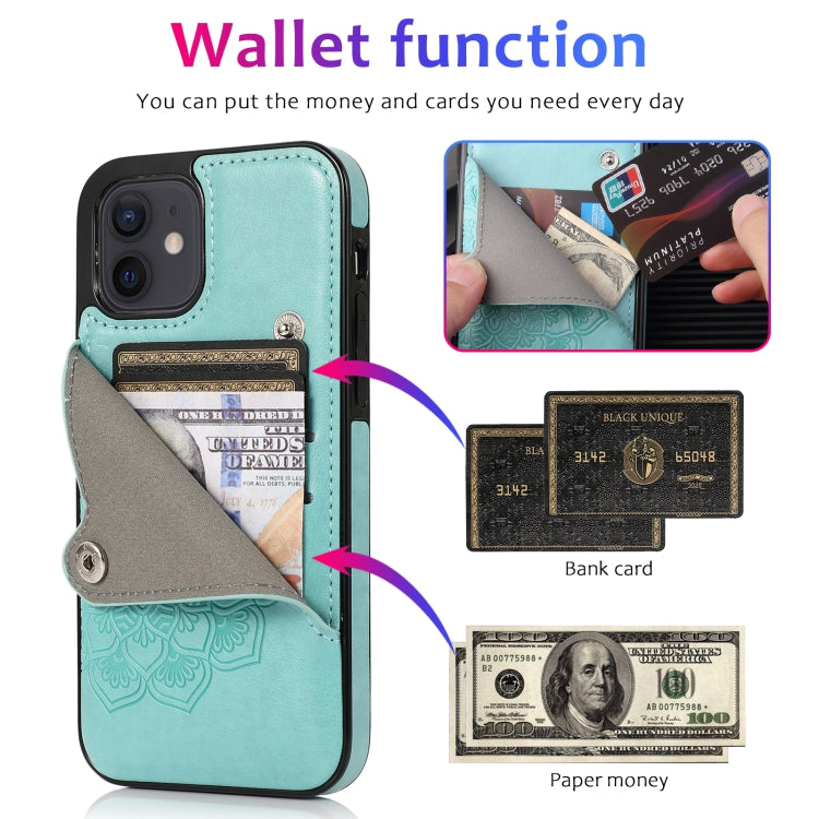For iPhone 12 mini Embossed Pattern PU + TPU Protective Case with Holder & Wallet & Card Slots
