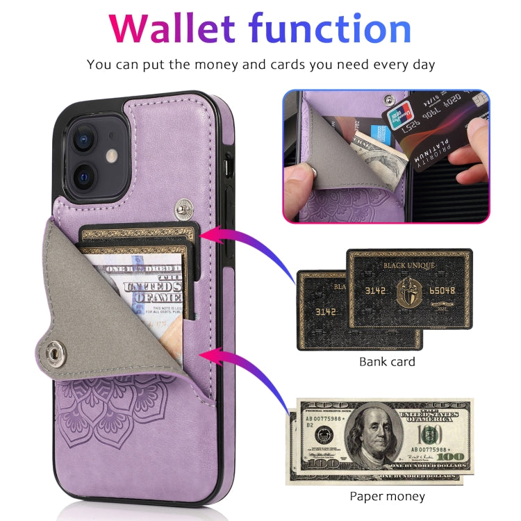 For iPhone 12 mini Embossed Pattern PU + TPU Protective Case with Holder & Wallet & Card Slots