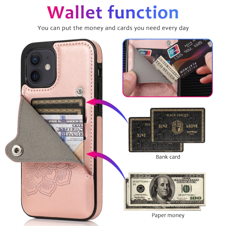 For iPhone 12 mini Embossed Pattern PU + TPU Protective Case with Holder & Wallet & Card Slots