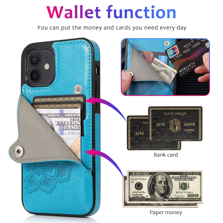 For iPhone 12 mini Embossed Pattern PU + TPU Protective Case with Holder & Wallet & Card Slots