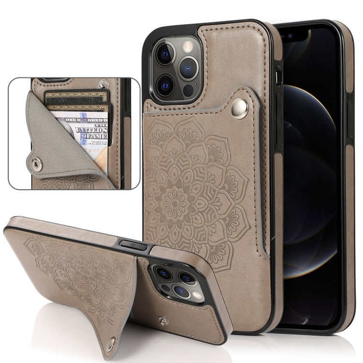For iPhone 12 / 12 Pro Embossed Pattern PU + TPU Protective Case with Holder & Wallet & Card Slots