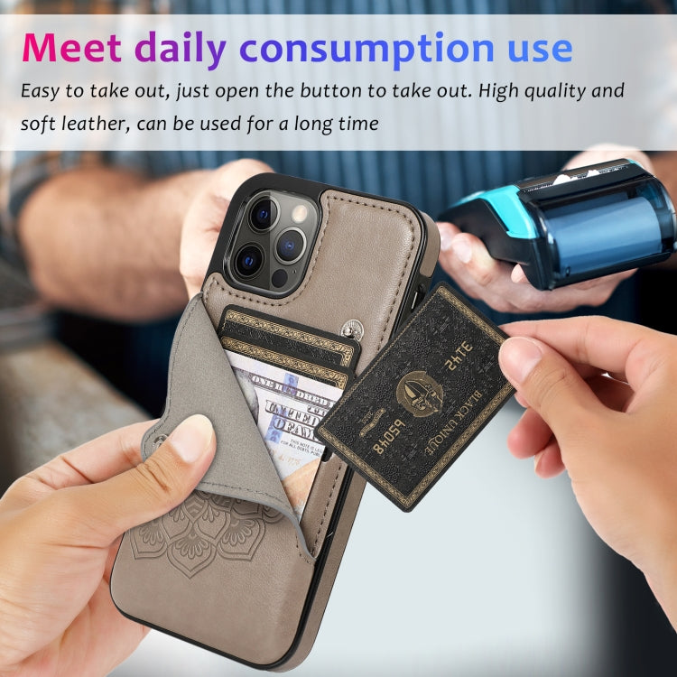For iPhone 12 / 12 Pro Embossed Pattern PU + TPU Protective Case with Holder & Wallet & Card Slots