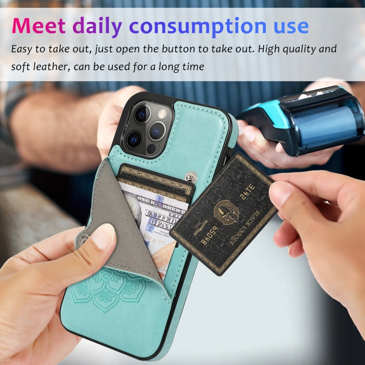 For iPhone 12 / 12 Pro Embossed Pattern PU + TPU Protective Case with Holder & Wallet & Card Slots