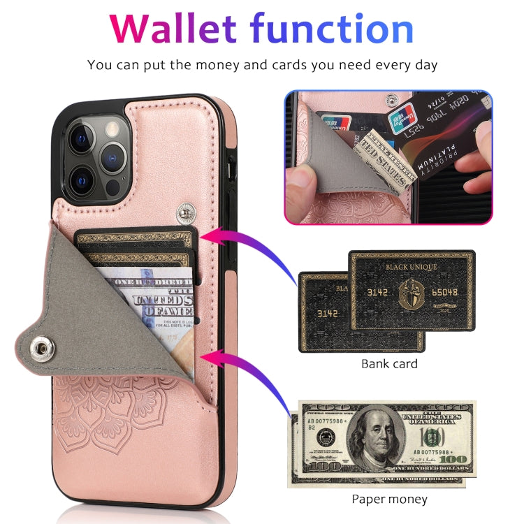 For iPhone 12 / 12 Pro Embossed Pattern PU + TPU Protective Case with Holder & Wallet & Card Slots