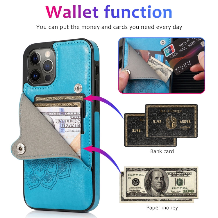 For iPhone 12 / 12 Pro Embossed Pattern PU + TPU Protective Case with Holder & Wallet & Card Slots