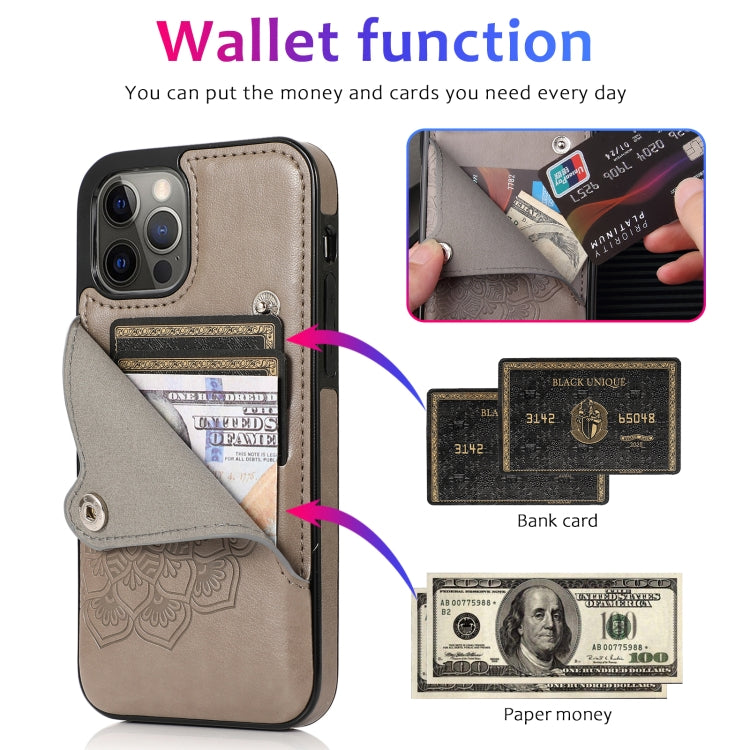 For iPhone 12 Pro Max Embossed Pattern PU + TPU Protective Case with Holder & Wallet & Card Slots