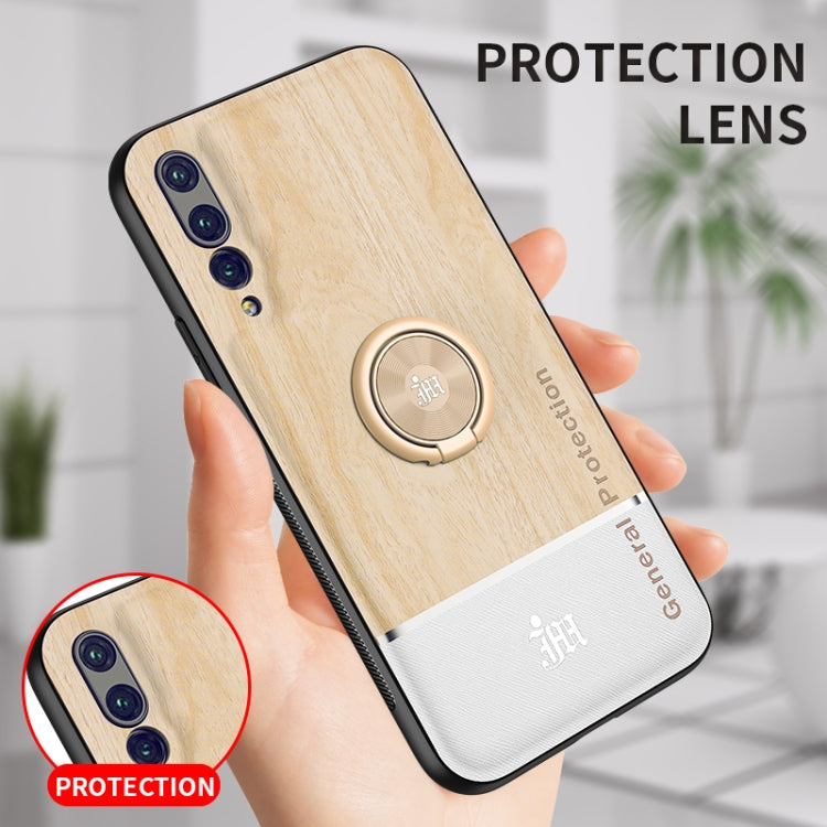 For Huawei P20 Pro Wood Grain PC + TPU Shockproof Case with Ring Holder
