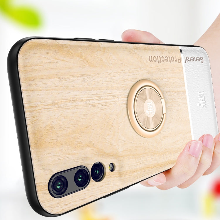 For Huawei P20 Pro Wood Grain PC + TPU Shockproof Case with Ring Holder