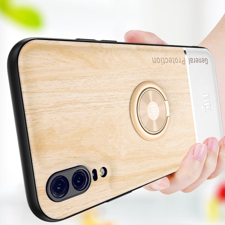 For Huawei P20 Wood Grain PC + TPU Shockproof Case with Ring Holder