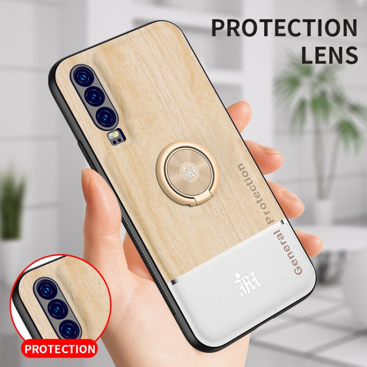 For Huawei P30 Wood Grain PC + TPU Shockproof Case with Ring Holder
