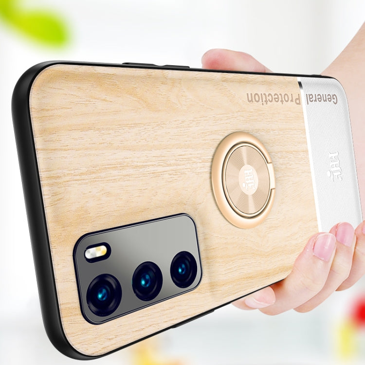 For Huawei P40 Wood Grain PC + TPU Shockproof Case with Ring Holder