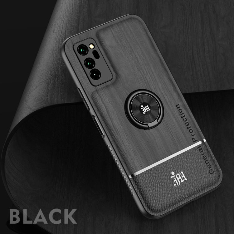 For Huawei Honor V30 Wood Grain PC + TPU Shockproof Case with Ring Holder