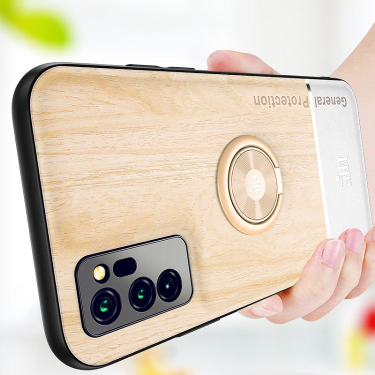 For Huawei Honor V30 Wood Grain PC + TPU Shockproof Case with Ring Holder