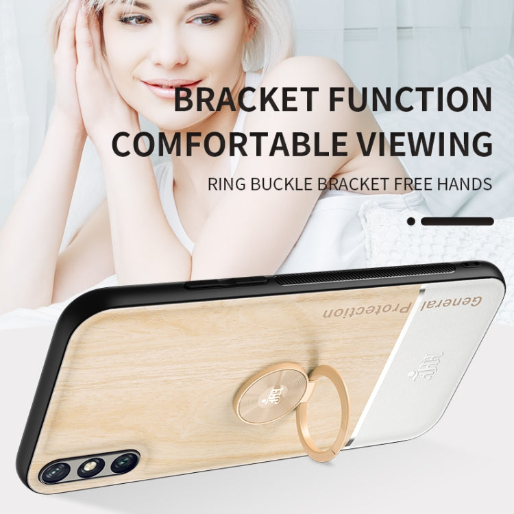For Huawei Enjoy 10e Wood Grain PC + TPU Shockproof Case with Ring Holder