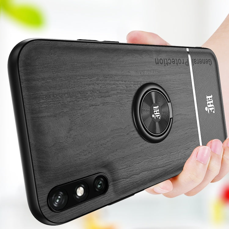 For Huawei Enjoy 10e Wood Grain PC + TPU Shockproof Case with Ring Holder