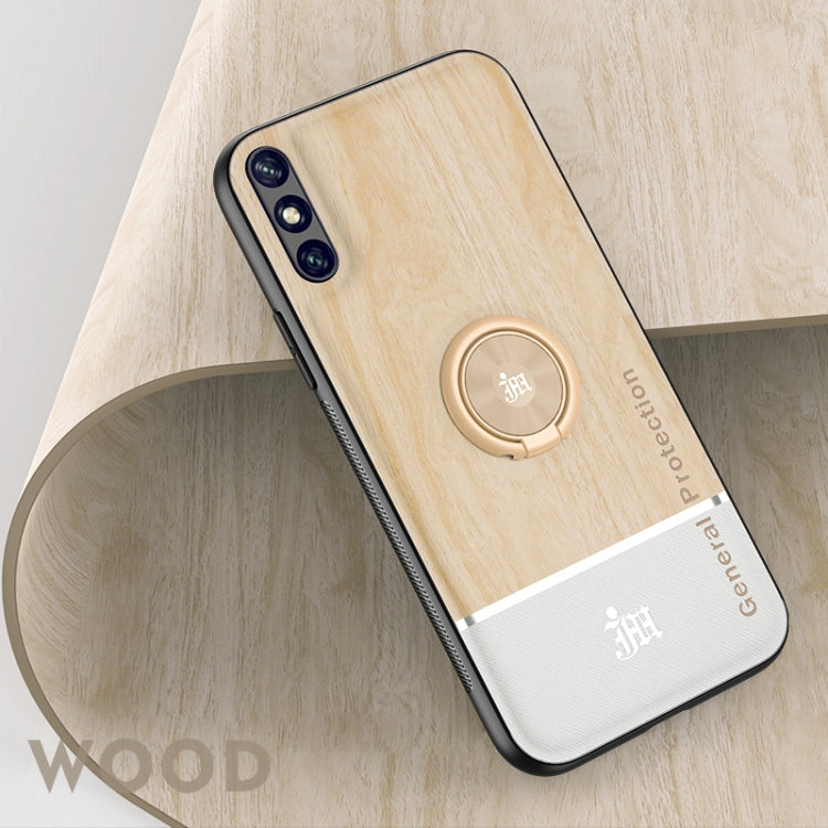 For Huawei Enjoy 10e Wood Grain PC + TPU Shockproof Case with Ring Holder