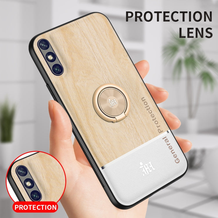 For Huawei Enjoy 10e Wood Grain PC + TPU Shockproof Case with Ring Holder