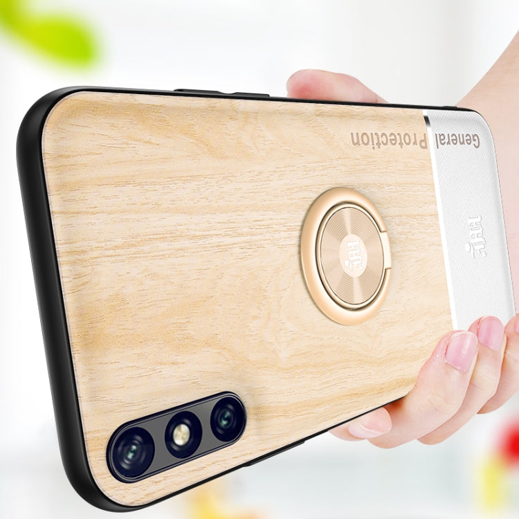 For Huawei Enjoy 10e Wood Grain PC + TPU Shockproof Case with Ring Holder