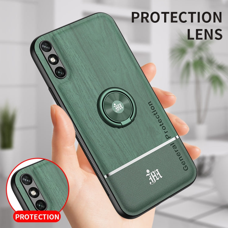 For Huawei Enjoy 10e Wood Grain PC + TPU Shockproof Case with Ring Holder