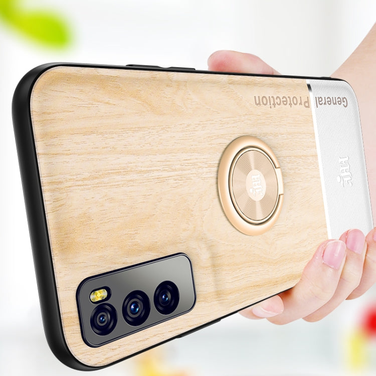 For Huawei Enjoy Z 5G Wood Grain PC + TPU Shockproof Case with Ring Holder