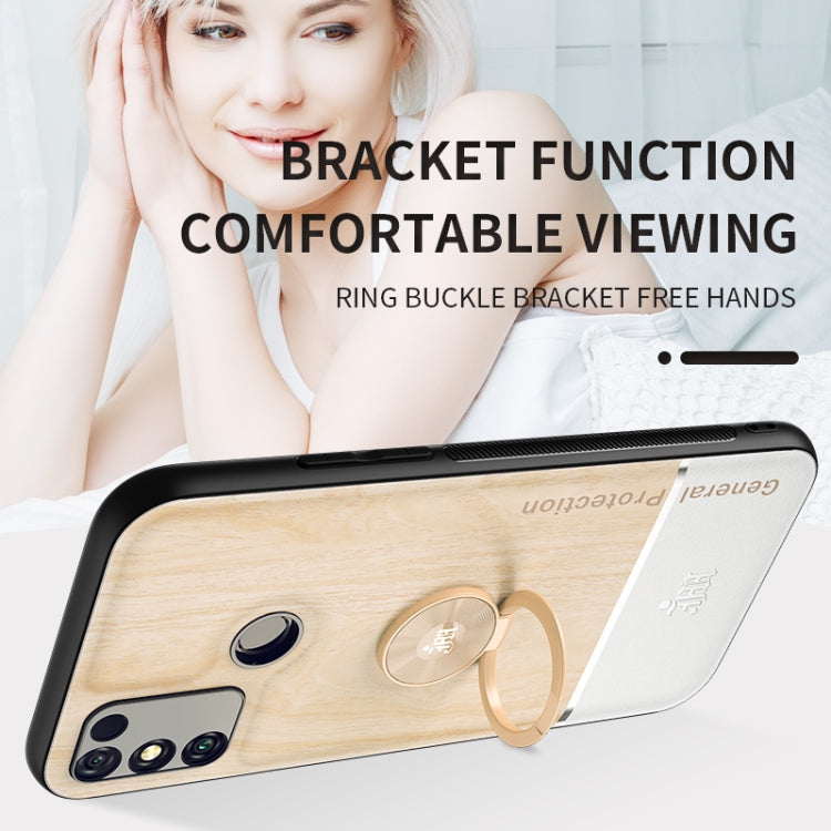For Huawei Honor 9A Wood Grain PC + TPU Shockproof Case with Ring Holder