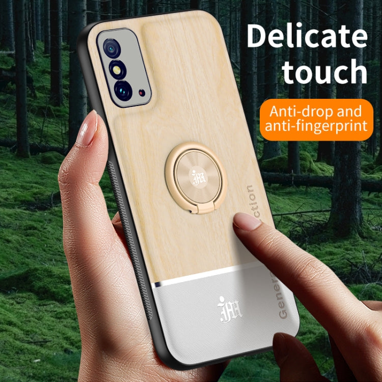 For Huawei Honor X10 Max 5G Wood Grain PC + TPU Shockproof Case with Ring Holder