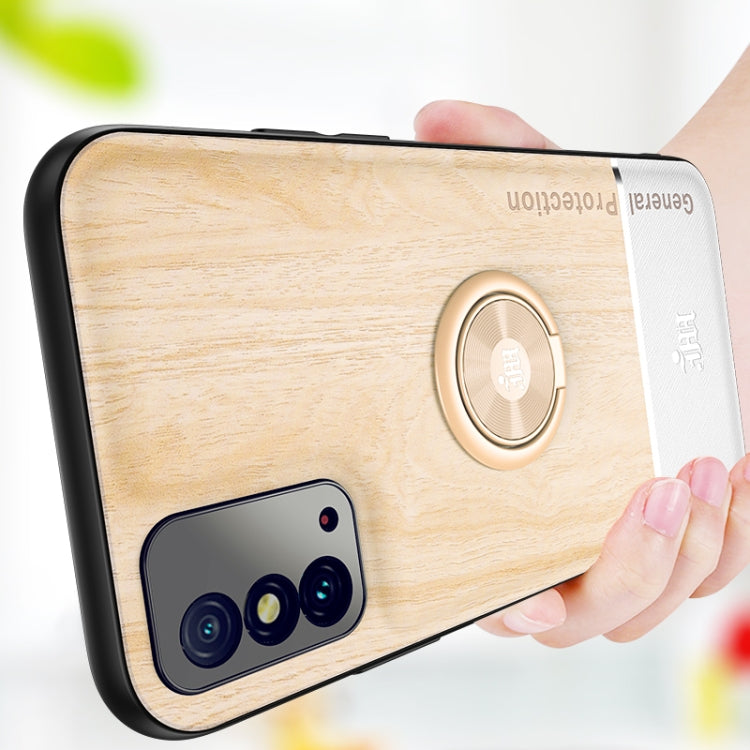For Huawei Honor X10 Max 5G Wood Grain PC + TPU Shockproof Case with Ring Holder