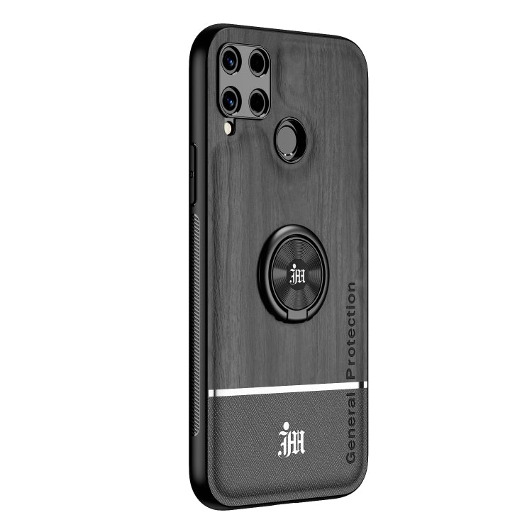 For OPPO Realme C15 Wood Grain PC + TPU Shockproof Protective Case with Ring Holder