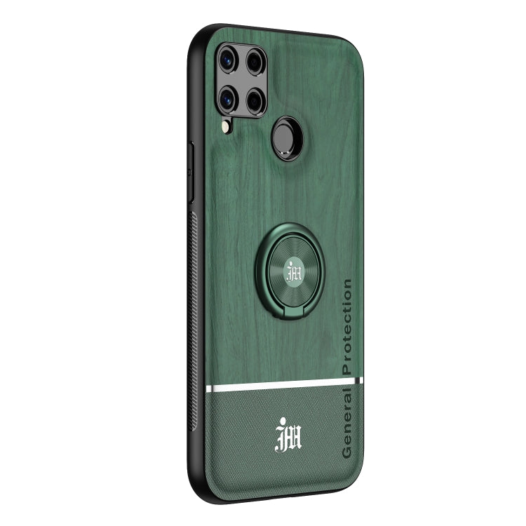 For OPPO Realme C15 Wood Grain PC + TPU Shockproof Protective Case with Ring Holder