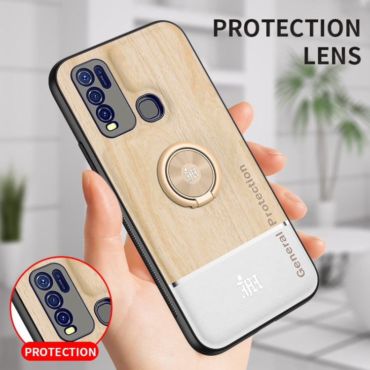 For vivo Y50 Wood Grain PC + TPU Shockproof Protective Case with Ring Holder