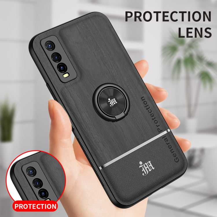 For vivo Y70s Wood Grain PC + TPU Shockproof Protective Case with Ring Holder