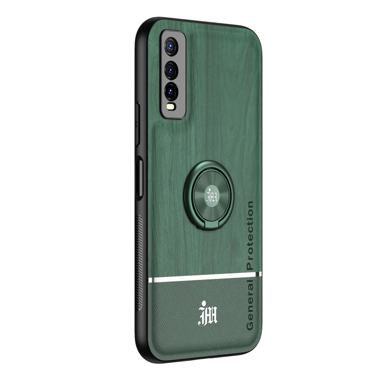 For vivo Y70s Wood Grain PC + TPU Shockproof Protective Case with Ring Holder